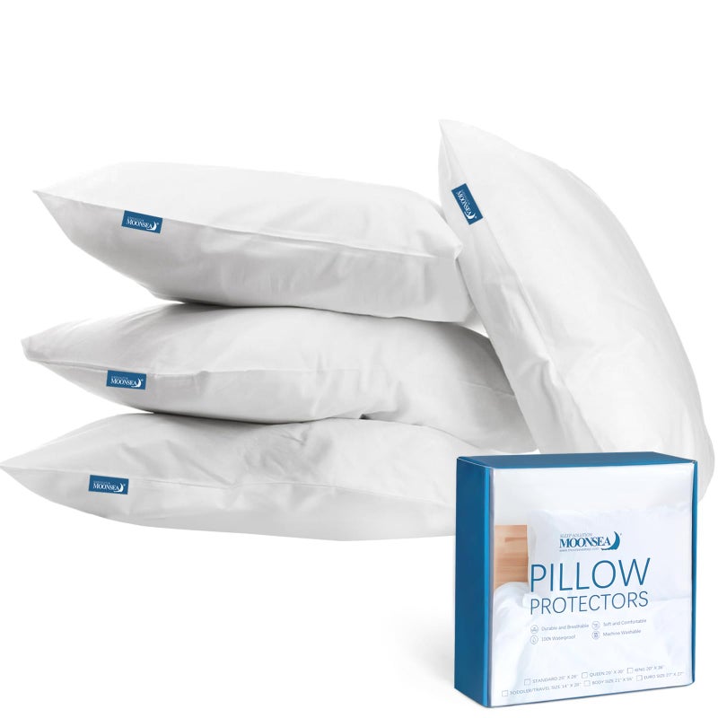 Moonsea Queen Pillow Protectors with Zipper 4 Pack Queen Size 20 x 30 inch Waterproof Pillow Case Protector Down Feather Proof Pillow Covers Encasement Pillow Case White - Image 1